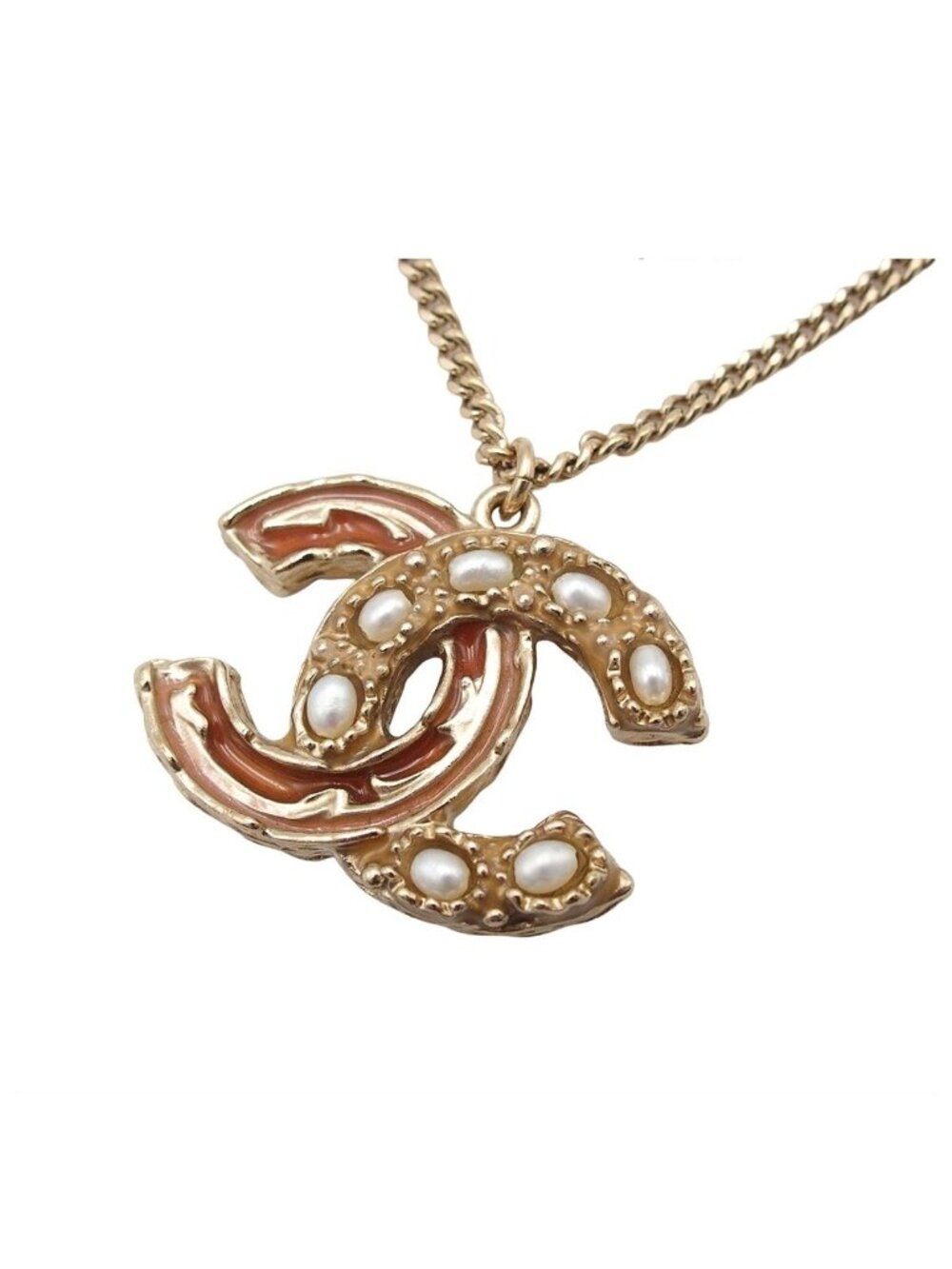 Chanel Necklace Light Gold Metal CC Logo Stone Faux Pearl